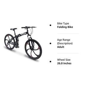 Outroad 26 Inch Folding Mountain Bike, 21 Speed Full Suspension High-Carbon Steel MTB Foldable Bicycle, Dual Disc Brake Non-Slip Folding Bikes for Adults/Men/Women, Black