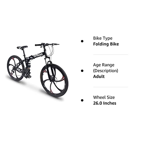 Outroad 26 Inch Folding Mountain Bike, 21 Speed Full Suspension High-Carbon Steel MTB Foldable Bicycle, Dual Disc Brake Non-Slip Folding Bikes for Adults/Men/Women, Black