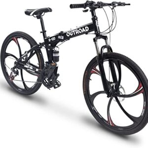 Outroad 26 Inch Folding Mountain Bike, 21 Speed Full Suspension High-Carbon Steel MTB Foldable Bicycle, Dual Disc Brake Non-Slip Folding Bikes for Adults/Men/Women, Black