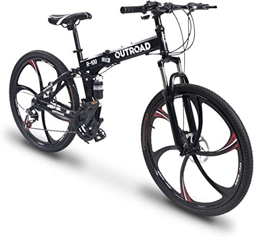 Outroad 26 Inch Folding Mountain Bike, 21 Speed Full Suspension High-Carbon Steel MTB Foldable Bicycle, Dual Disc Brake Non-Slip Folding Bikes for Adults/Men/Women, Black