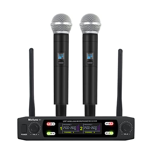 micfuns K7 Professional Wireless 2 Handheld VHF 230-250 MHZ Microphone System 100m distand for Karaoke,Party, Speech