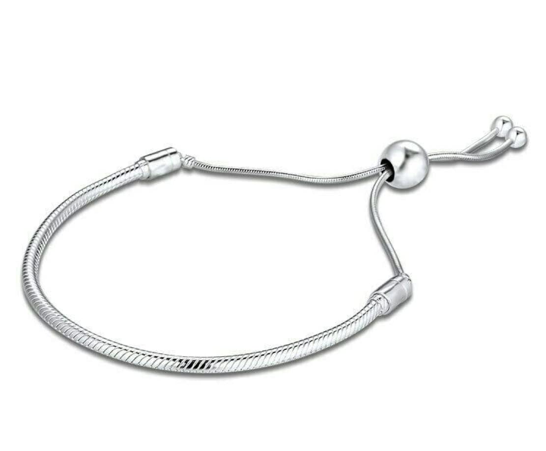 Adjustable European Charm Bracelets 3mm Steel Snake Chain Fits Pandora Beads Pendants & More (Silver Sliding Bracelet)