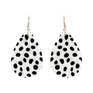 Kathaya Cowhide Both Side Printed Teardrop Hook Earrings Handmade Lightweight Floral Cow Print Earring for Women Girls Dangle Drop Leather Western Earring Set White Black/Brown (Dalmatian)