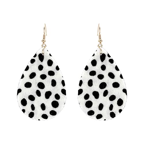 Kathaya Cowhide Both Side Printed Teardrop Hook Earrings Handmade Lightweight Floral Cow Print Earring for Women Girls Dangle Drop Leather Western Earring Set White Black/Brown (Dalmatian)