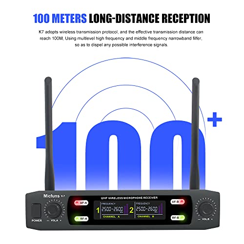 micfuns K7 Professional Wireless 2 Handheld VHF 230-250 MHZ Microphone System 100m distand for Karaoke,Party, Speech