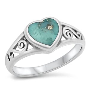 heart simulated turquoise filigree unique ring new .925 sterling silver band size 8