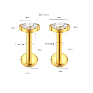 KaseStyle G23 Titanium Threadless Push-in Labret Lip Monroe Tragus Earrings Clear CZ Push Back Stud Helix Piercing Jewerly for Men Women (A,8mm 16G Gold)