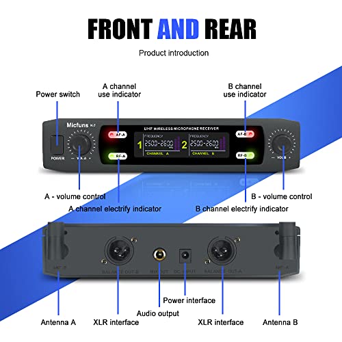 micfuns K7 Professional Wireless 2 Handheld VHF 230-250 MHZ Microphone System 100m distand for Karaoke,Party, Speech