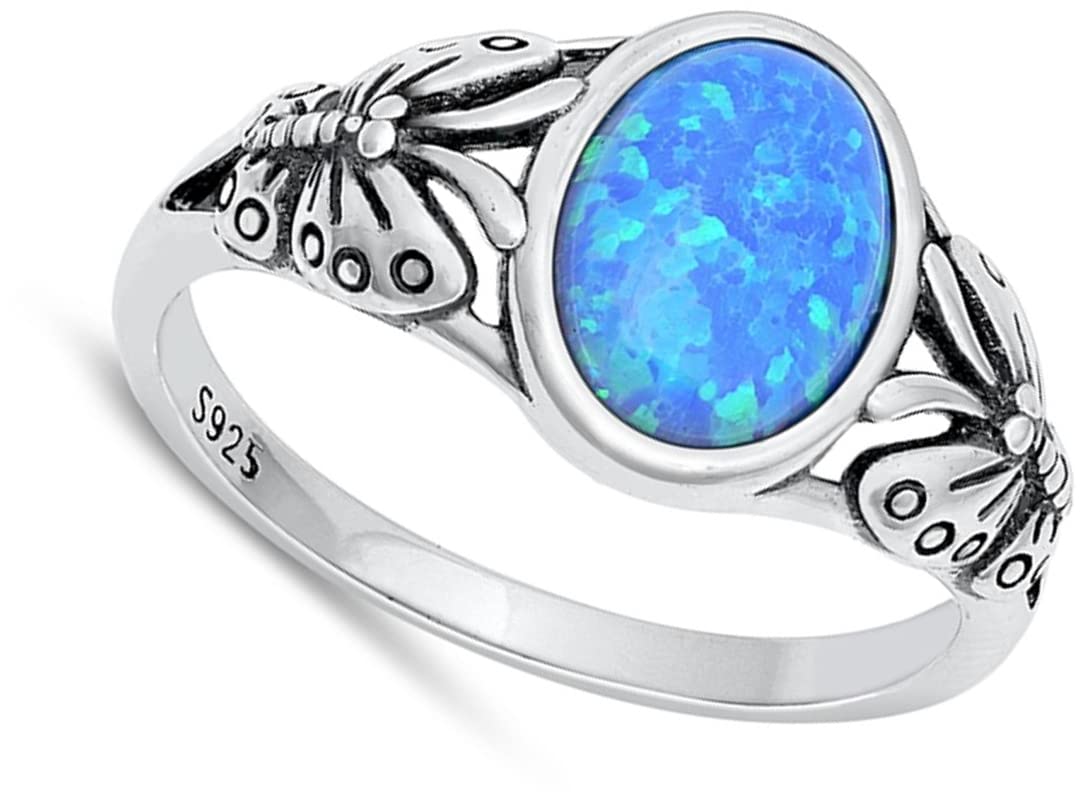 Butterfly Blue Simulated Opal Fashion Ring New .925 Sterling Silver Band Size 5