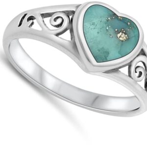 Heart Simulated Turquoise Filigree Unique Ring New .925 Sterling Silver Band Size 8