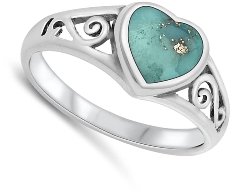 Heart Simulated Turquoise Filigree Unique Ring New .925 Sterling Silver Band Size 8