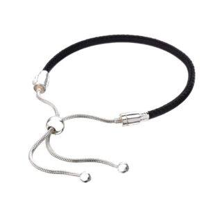 adjustable european charm bracelets 3mm steel snake chain fits pandora beads pendants & more (black leather sliding bracelet)