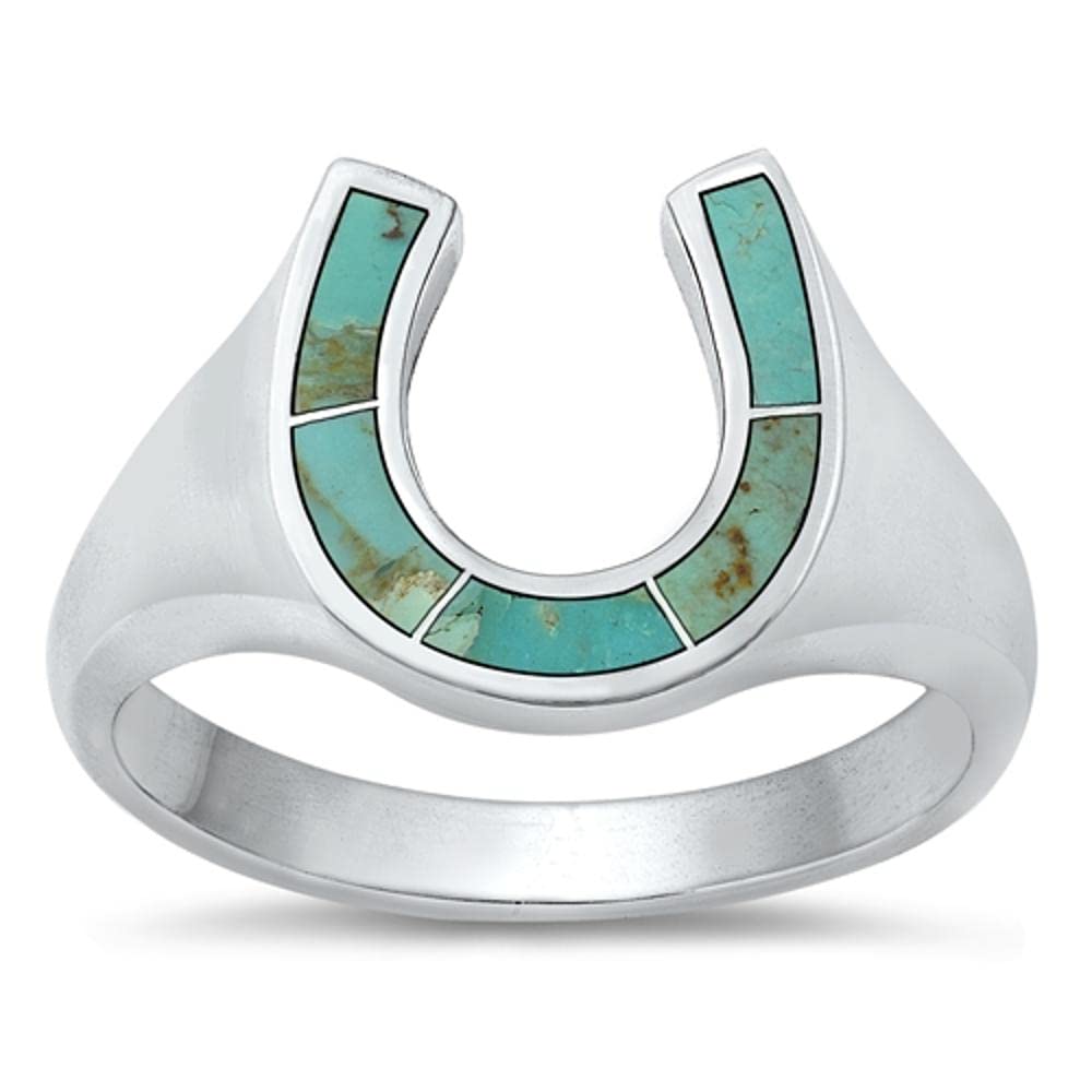 Lucky Horseshoe Simulated Turquoise Promise Ring New .925 Sterling Silver Band Size 10