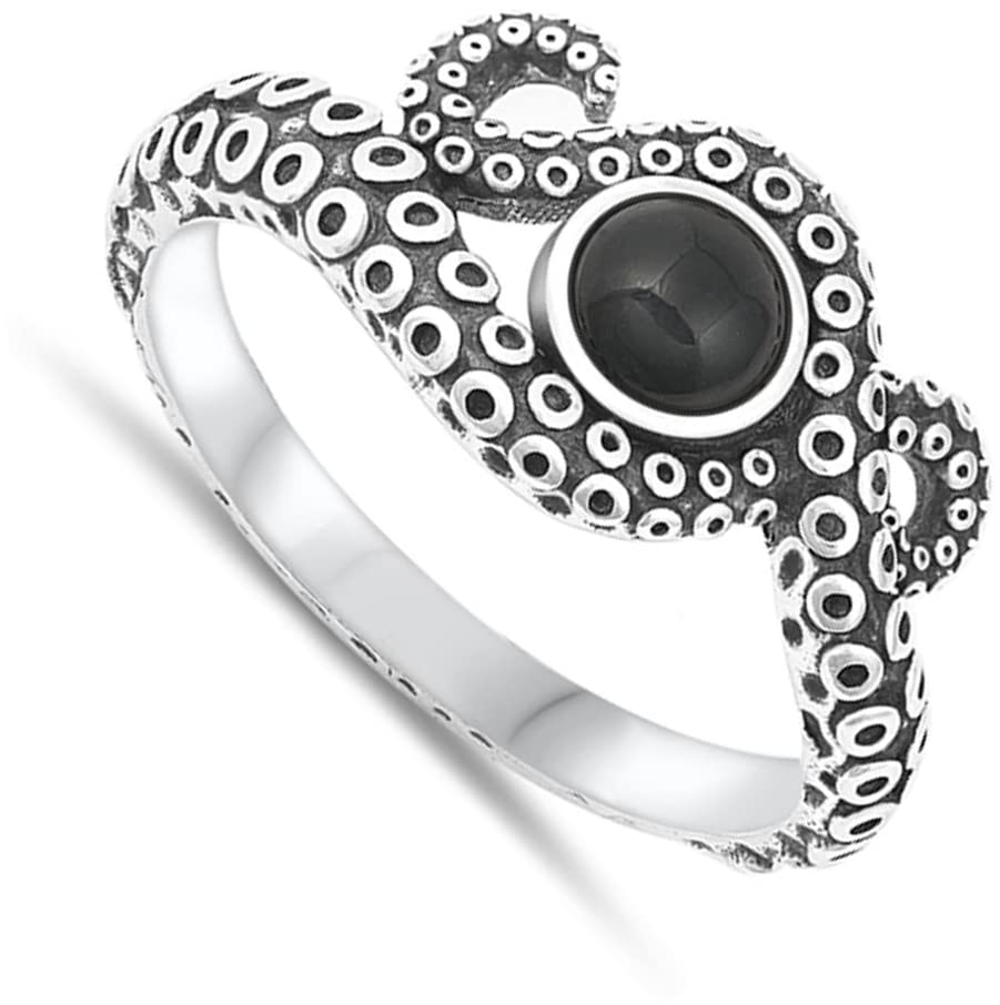 Unique Octopus Simulated Black Onyx Classic Ring New .925 Sterling Silver Band Size 8