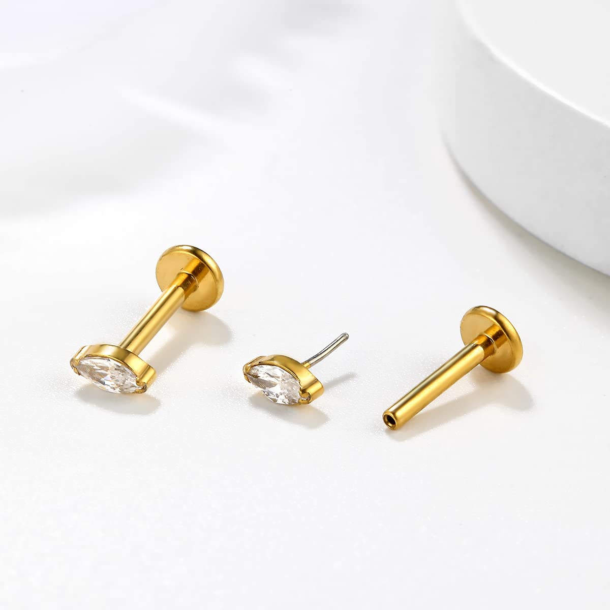 KaseStyle G23 Titanium Threadless Push-in Labret Lip Monroe Tragus Earrings Clear CZ Push Back Stud Helix Piercing Jewerly for Men Women (A,8mm 16G Gold)