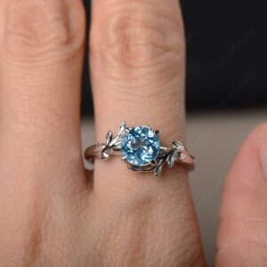 LUO Round Shaped 1.68 CT Swiss Blue Topaz Ring Branch Statement Ring 925 Sterling Silver December Birthstone Ring for Women US Size 10