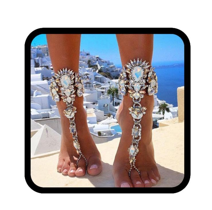 Woeoe Bling Rhinestone Barefoot Sandals Gold Crystal Anklet Pearl Anklets Foot Chain Beach Feet Jewelry for women (Silver)