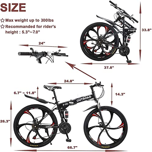 Outroad 26 Inch Folding Mountain Bike, 21 Speed Full Suspension High-Carbon Steel MTB Foldable Bicycle, Dual Disc Brake Non-Slip Folding Bikes for Adults/Men/Women, Black