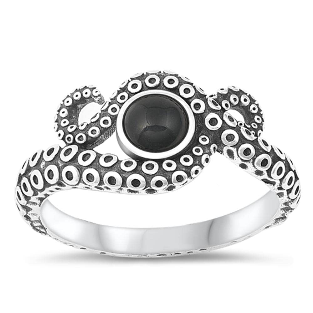 Unique Octopus Simulated Black Onyx Classic Ring New .925 Sterling Silver Band Size 8