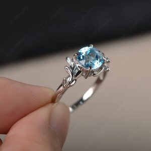 LUO Round Shaped 1.68 CT Swiss Blue Topaz Ring Branch Statement Ring 925 Sterling Silver December Birthstone Ring for Women US Size 10