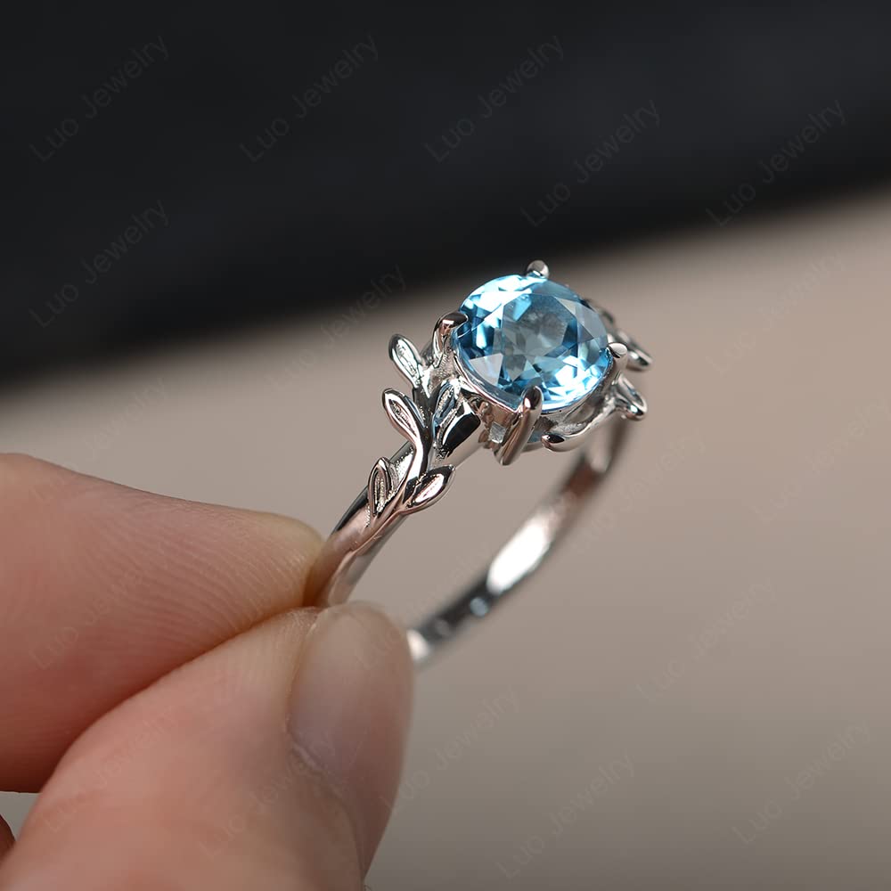 LUO Round Shaped 1.68 CT Swiss Blue Topaz Ring Branch Statement Ring 925 Sterling Silver December Birthstone Ring for Women US Size 10