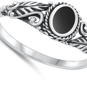 Bali Leaf Cute Simulated Black Onyx Classic Ring New .925 Sterling Silver Band Size 8