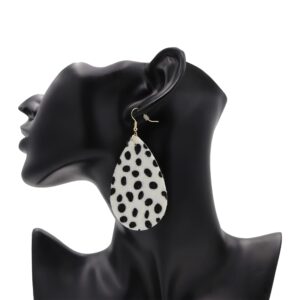 Kathaya Cowhide Both Side Printed Teardrop Hook Earrings Handmade Lightweight Floral Cow Print Earring for Women Girls Dangle Drop Leather Western Earring Set White Black/Brown (Dalmatian)