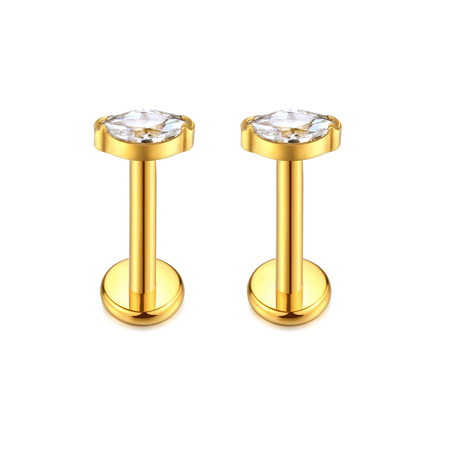 KaseStyle G23 Titanium Threadless Push-in Labret Lip Monroe Tragus Earrings Clear CZ Push Back Stud Helix Piercing Jewerly for Men Women (A,8mm 16G Gold)