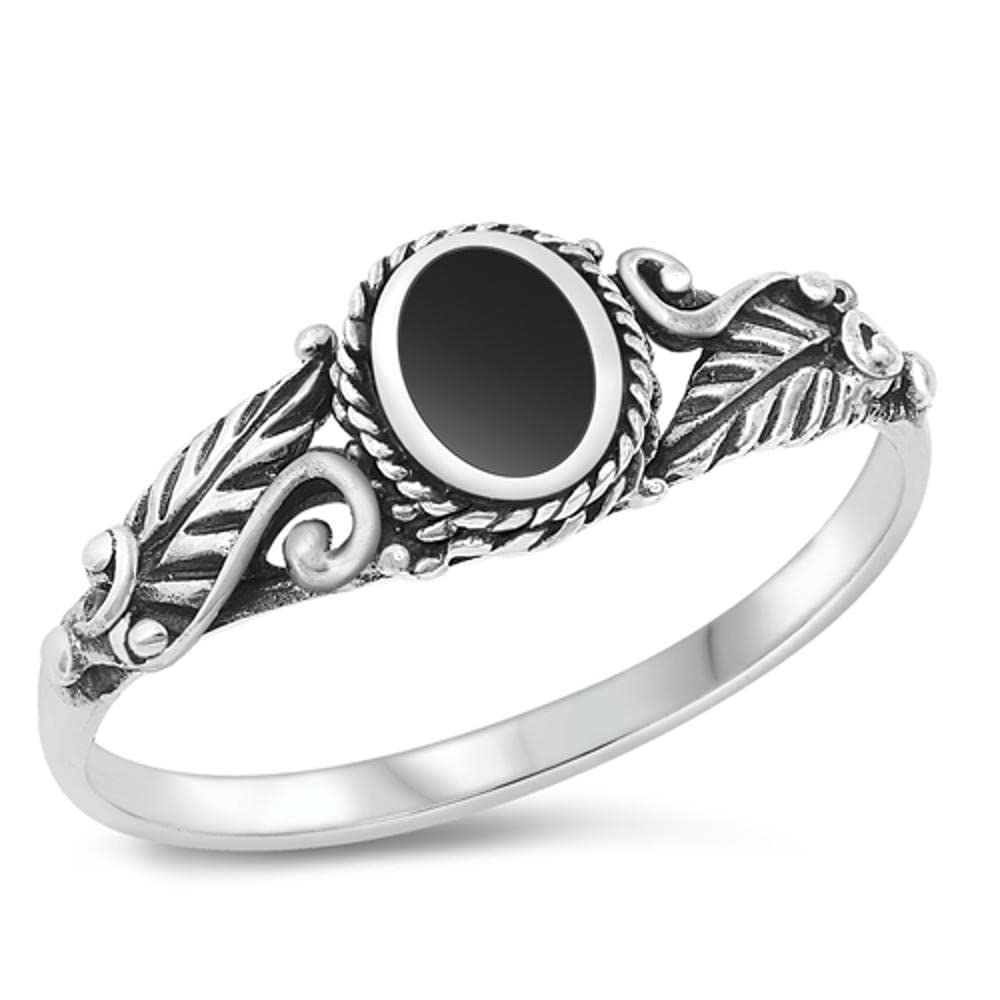 Bali Leaf Cute Simulated Black Onyx Classic Ring New .925 Sterling Silver Band Size 8