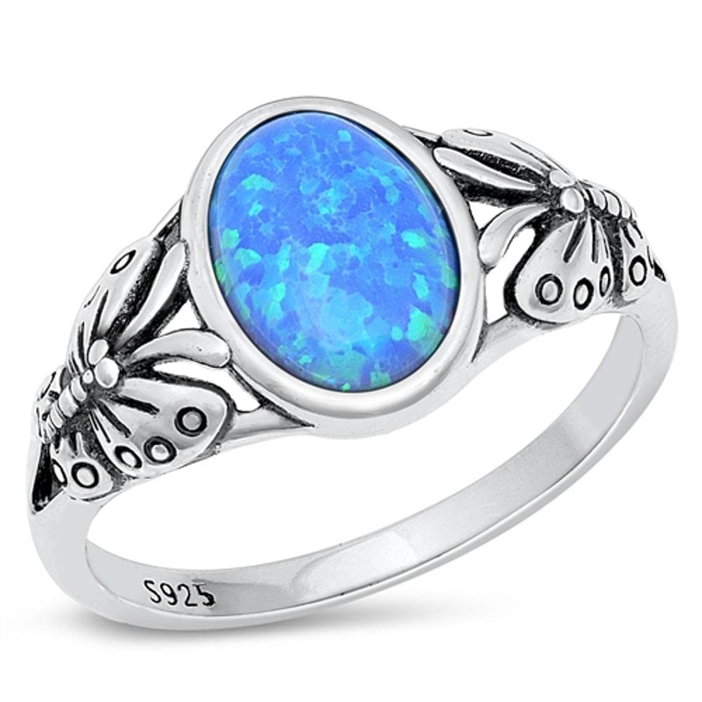 Butterfly Blue Simulated Opal Fashion Ring New .925 Sterling Silver Band Size 5