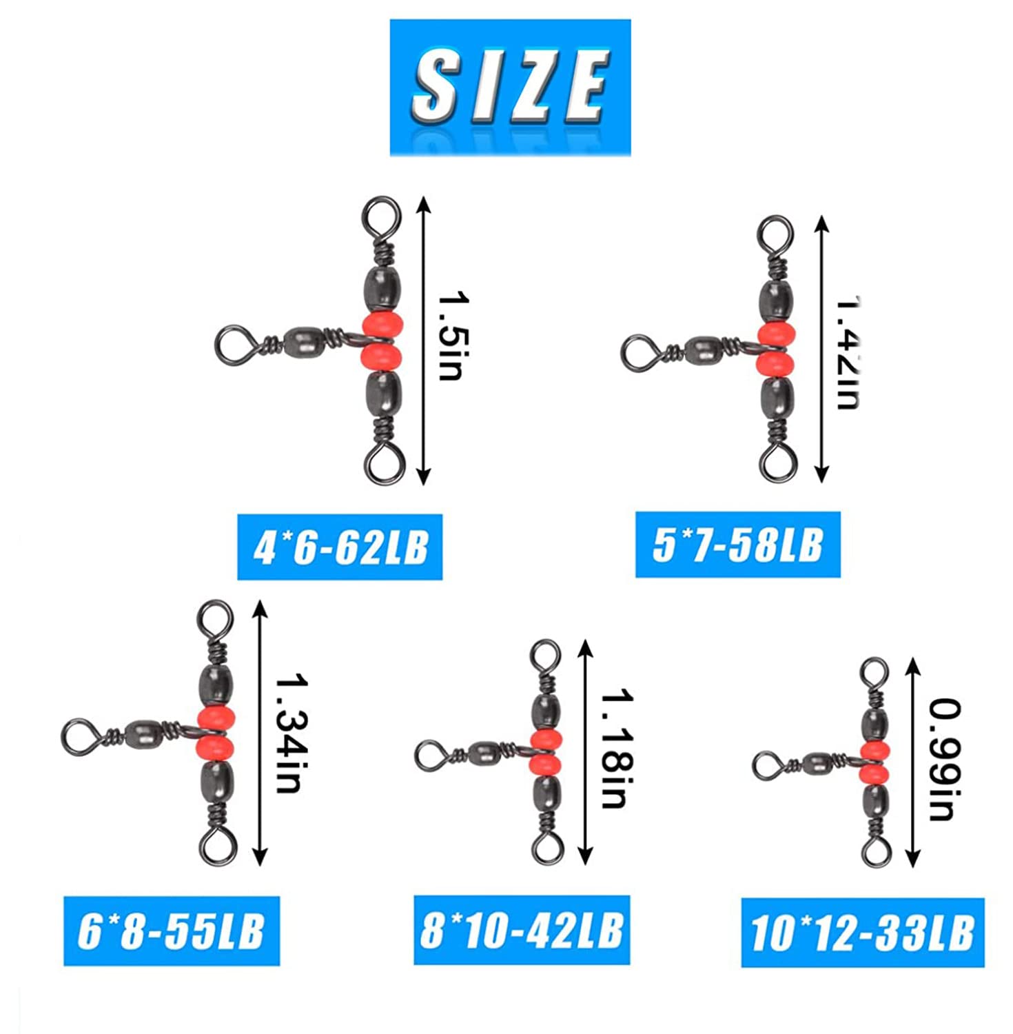 JSHANMEI Fishing Swivels 3 Way Swivels Kit 50pcs Crossline Barrel Swivels T-Turn Triple Swivels Fishing Tackle Saltwater Fishing Lure Line Connector