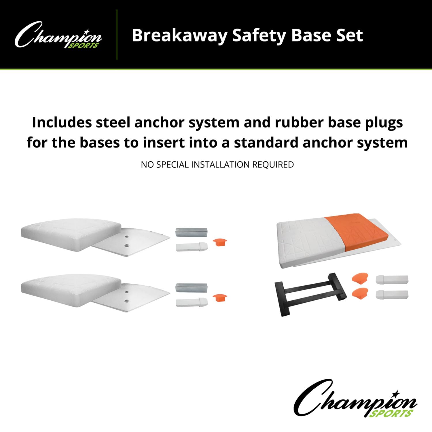 Champion Sports Breakaway Safety 3-Piece Baseball Base Set with Double First Base - Molded Rubber, Official Size, Heavy-Duty All Rubber Construction