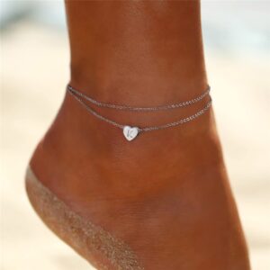 Turandoss Silver Initial Anklet Bracelet for Women, Layered Ankle Bracelet Summer Boho Beach Minimalist Initial Silver Anklet for Women Anklet with Initials A