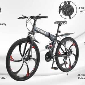 Outroad 26 Inch Folding Mountain Bike, 21 Speed Full Suspension High-Carbon Steel MTB Foldable Bicycle, Dual Disc Brake Non-Slip Folding Bikes for Adults/Men/Women, Black