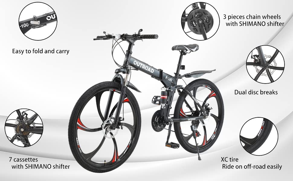 Outroad 26 Inch Folding Mountain Bike, 21 Speed Full Suspension High-Carbon Steel MTB Foldable Bicycle, Dual Disc Brake Non-Slip Folding Bikes for Adults/Men/Women, Black