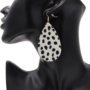 Kathaya Cowhide Both Side Printed Teardrop Hook Earrings Handmade Lightweight Floral Cow Print Earring for Women Girls Dangle Drop Leather Western Earring Set White Black/Brown (Dalmatian)