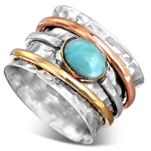 Boho-Magic 925 Sterling Silver Spinner Larimar Ring for Women with Copper and Brass Fidget Rings Bands (9)