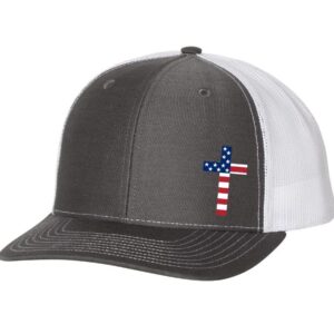 Men's Christian American Flag Filled Cross Jesus Patriotic Embroidered Mesh Back Trucker Hat, Charcoal/White