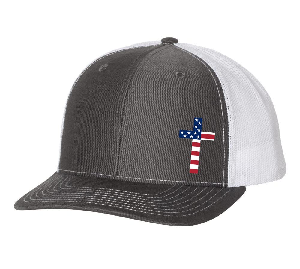 Men's Christian American Flag Filled Cross Jesus Patriotic Embroidered Mesh Back Trucker Hat, Charcoal/White