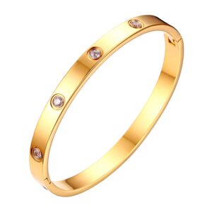 rofusn gold bangle bracelet cuff with cz stone, stainless steel womens trendy bracelets jewelry gift for valentines day