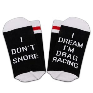 ZJXHPO Drag Racing Crew Socks I Don’t Snore I Dream I’m Drag Racing Novelty Sock Car Lover Gift Car Drag Racing Gift (Snore Drag Racing)