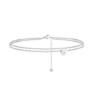 Turandoss Silver Initial Anklet Bracelet for Women, Layered Ankle Bracelet Summer Boho Beach Minimalist Initial Silver Anklet for Women Anklet with Initials A