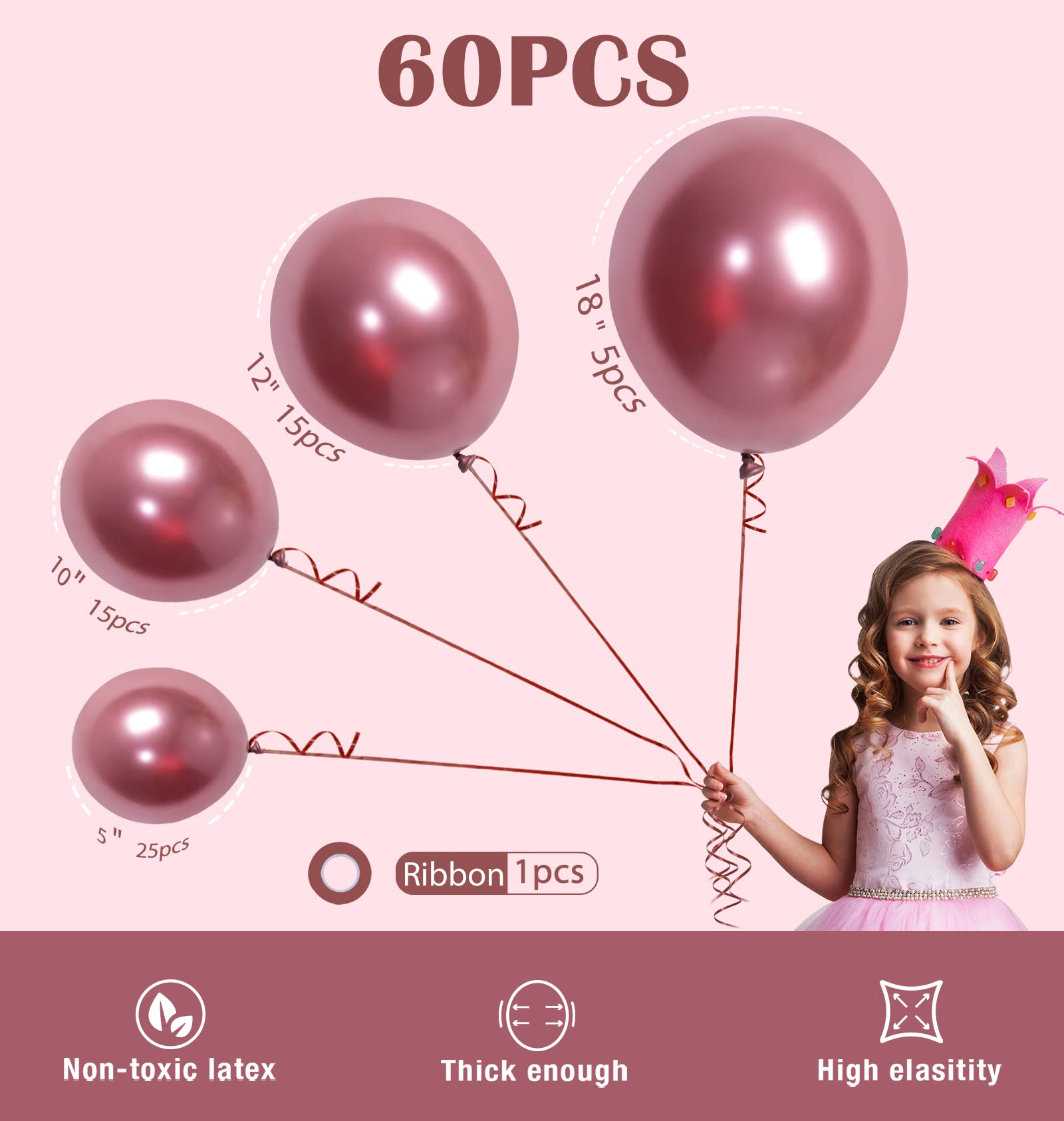 Ponamfo Rose Gold Party Balloons - 60Pcs 18"+12"+10"+5" Ballons Balloon Arch Kit as Birthday Party Balloons Gender Reveal Balloons Baby Shower Balloons Wedding Anniversary Bridal Shower Party