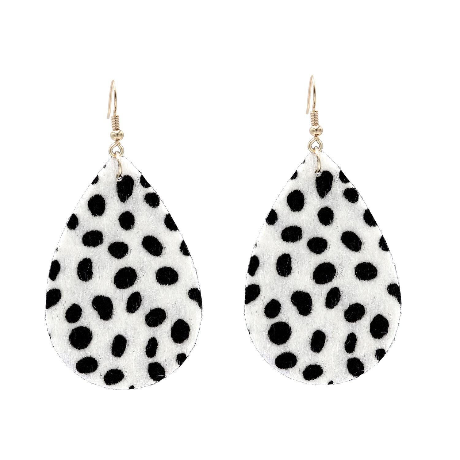 Kathaya Cowhide Both Side Printed Teardrop Hook Earrings Handmade Lightweight Floral Cow Print Earring for Women Girls Dangle Drop Leather Western Earring Set White Black/Brown (Dalmatian)