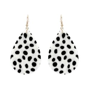 kathaya cowhide both side printed teardrop hook earrings handmade lightweight floral cow print earring for women girls dangle drop leather western earring set white black/brown (dalmatian)