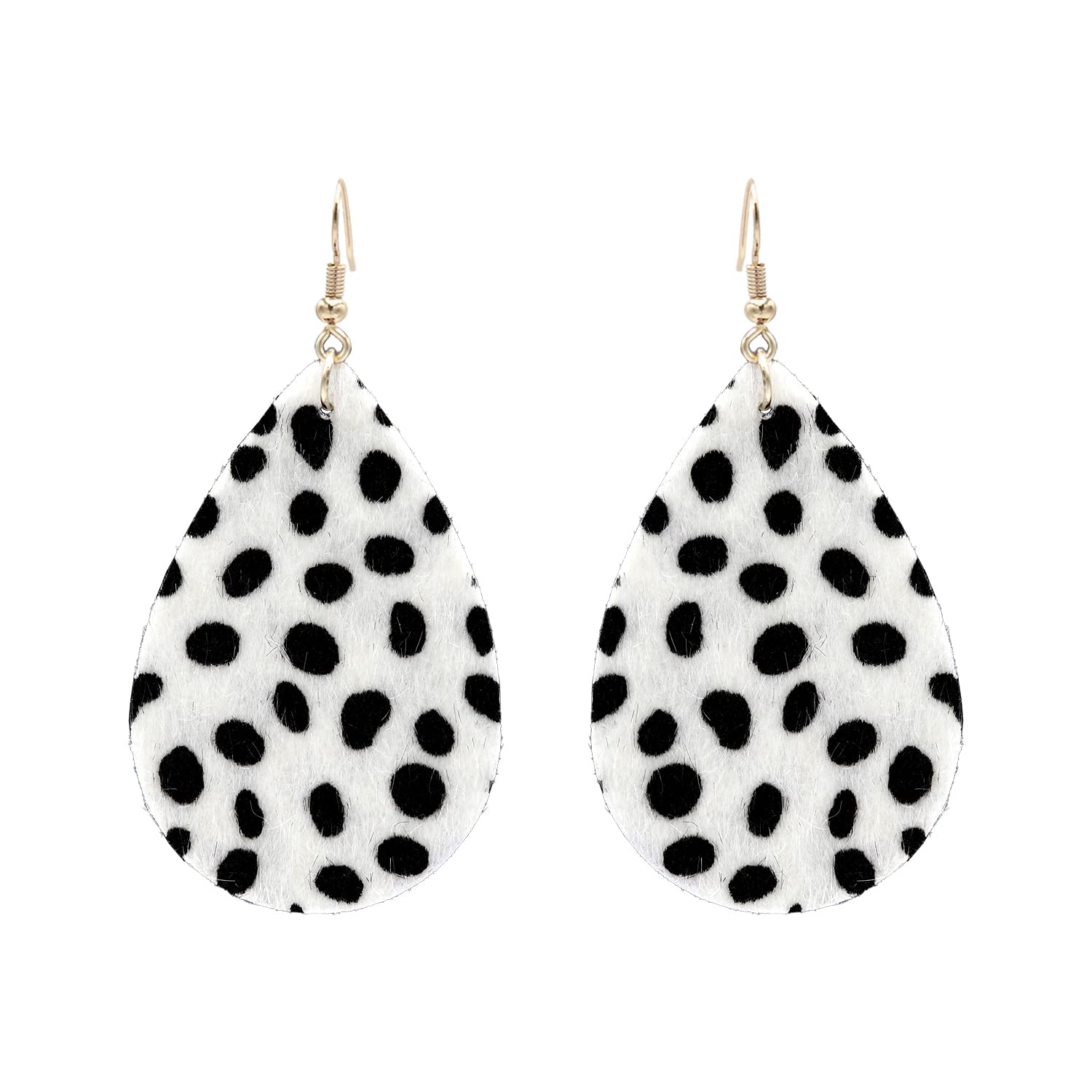 Kathaya Cowhide Both Side Printed Teardrop Hook Earrings Handmade Lightweight Floral Cow Print Earring for Women Girls Dangle Drop Leather Western Earring Set White Black/Brown (Dalmatian)