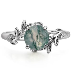 LUO Round Cut 1.25 Carat Natural Moss Agate Ring 925 Sterling Silver Engagement Wedding Ring 7 mm Green Agate Olive Leaf Promise Statement Ring for Women US Size 7