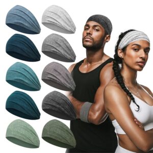 MYKURS 10 PCS Workout Headbands for Men and Women, Wide Sweat Bands Yoga Headbands No Slip, Mens Sports Headbands for Long Hair