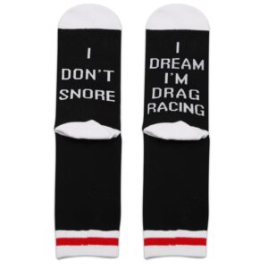 ZJXHPO Drag Racing Crew Socks I Don’t Snore I Dream I’m Drag Racing Novelty Sock Car Lover Gift Car Drag Racing Gift (Snore Drag Racing)