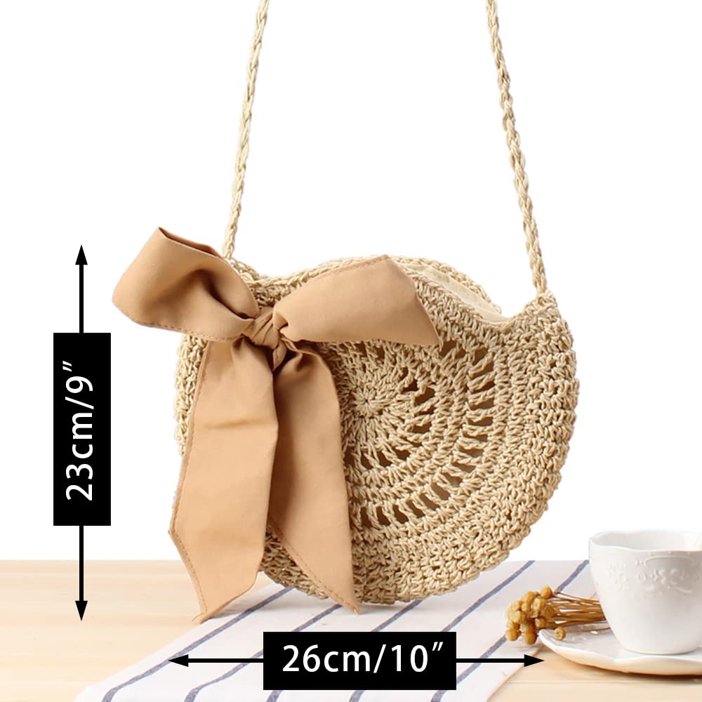 Nice Pies Women Round Handbags Straw Bag holiday beach round bag Tassel Vintage Cotton line Messenger Bag (C-Beige)